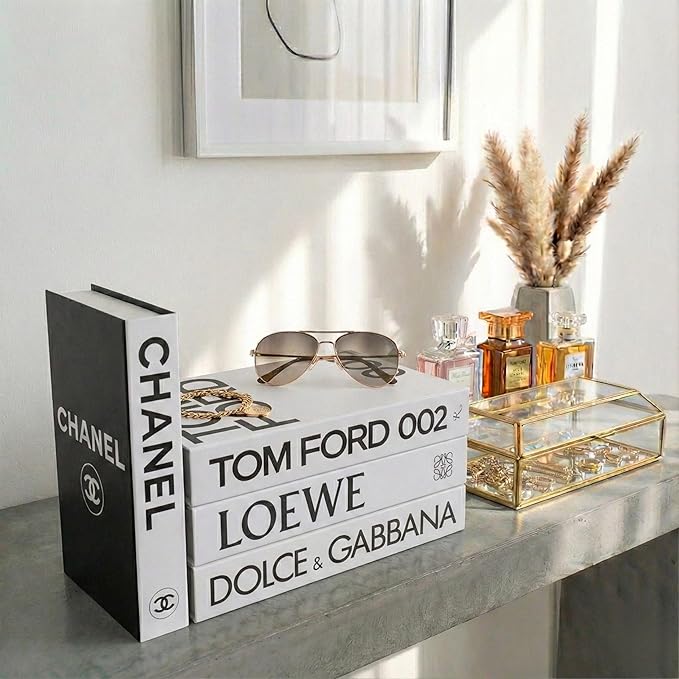 PROBENEX White Large | 4 PCS Faux Decorative Book Boxes | Not Real Books, Cardboard Foldable Display Props | Home Decor for Coffee Table, Bookshelf, Living Room, Office