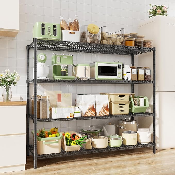 ROOMTEC 4-Tier Heavy Duty Garage Shelves, 60"L*24"W*72"H, Max Loads 3200LBS | Adjustable Storage Shelves, Wire Shelving, Industrial Metal Shelf Rack for Kitchen, Laundry, Pantry, Warehouse, Basement