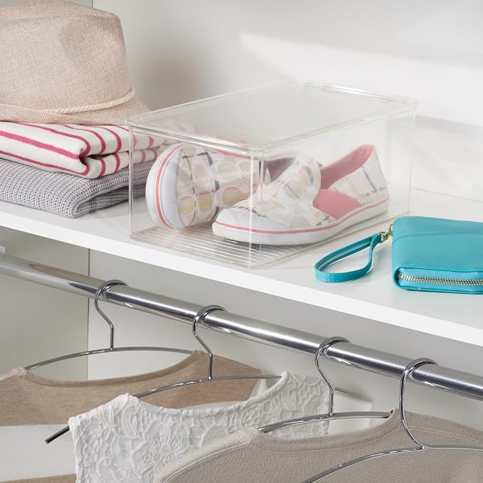 iDesign Stackable Shoe Box with Hinged-Lid, Set of 2, Clear | For Wedges or Sandals, Made in USA