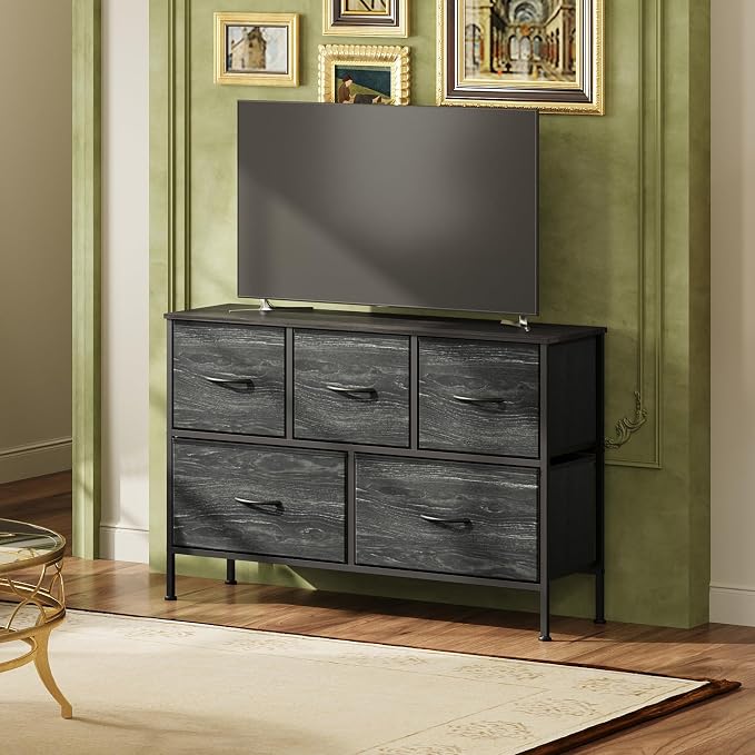 WLIVE Dresser for Bedroom with 5 Drawers, Long Storage Dresser, Fabric Dressers, Storage Drawer Unit with Fabric Bins for Closet, Hallway, Charcoal Black Wood Grain Print, Size L