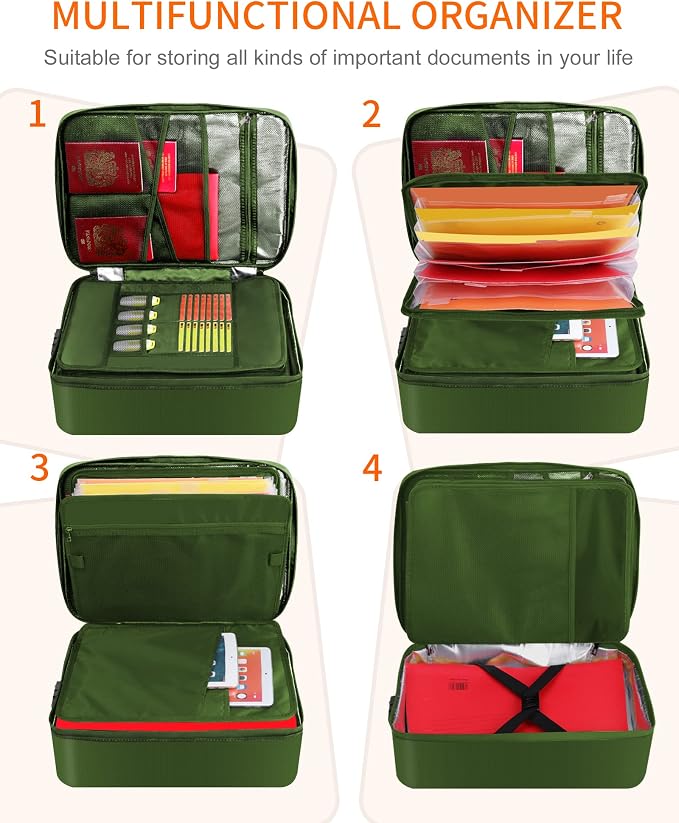 Noiposi 5200℉ Fireproof Document Box with Lock 16.1"x11.4"x4.3" | Portable ,Home ,Travel Water Resistant Document Storage Organizer with for Important Documents and File ,Green