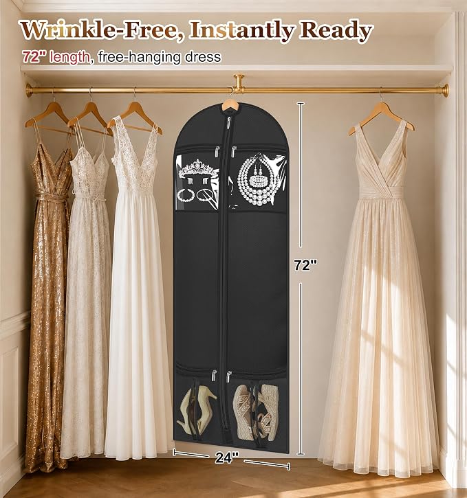 MISSLO 72" Wedding Dress Garment Bag for Travel with 4 Large Pockets Dress Bags for Gowns Long Heavy Duty Dresses Protector Bag for Closet Storage Clothing Covers for Hanging Clothes, Black