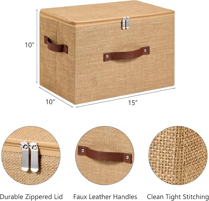 2PCS Storage Bins Box with Zippered Lid Decorative Fabric Basket | Natural Jute, Foldable Washable Stackable Lidded Container, Shelf Closet Organizer, w/ PU Leather Handles & PP Boards, Large