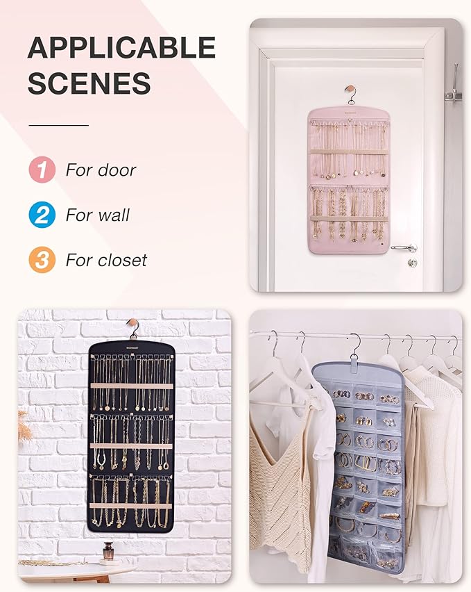 BAGSMART Hanging Jewelry Organizer, Necklace Holder Anti-tangle Earrings Rings Hanger with 10 Jewelry Bags Travel Storage Roll with Pockets Hang on Closet, Wall, Door,1 Piece, Small, Black
