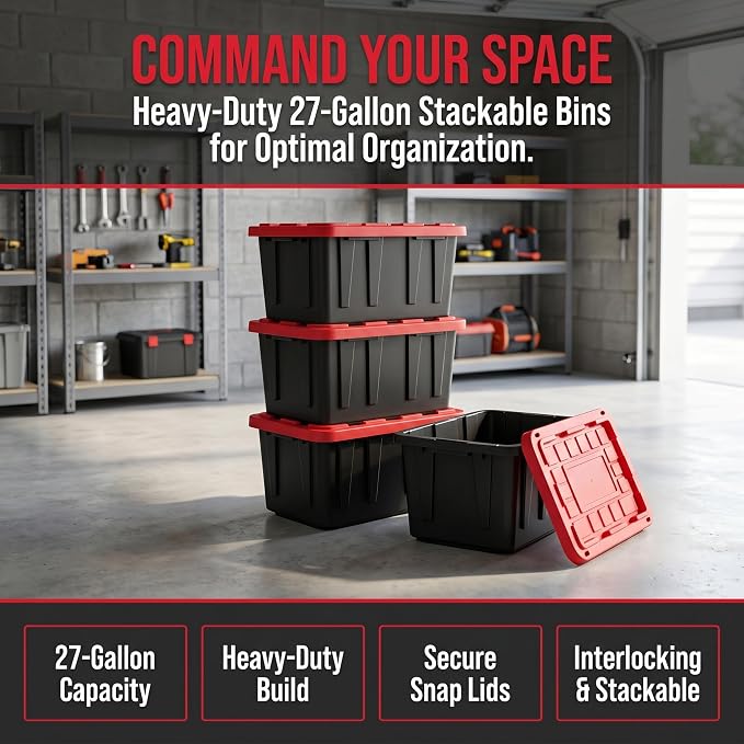CLMSTE6 Pack Large Storage Bins with Snap Lids, 27 Gallon Black and Red Totes for Garage & Basement, Stackable Heavy Duty Plastic Containers for Home Organization