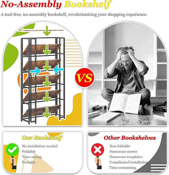 UDD 6 Tier Wide Folding Bookshelf No Tools Assembly, 55.5" H x 30.9" W, Foldable Book Shelf Vintage Collapsible Bookcase, Industrial Storage Shelves for Bedroom Office Living Room, Rustic Brown Black