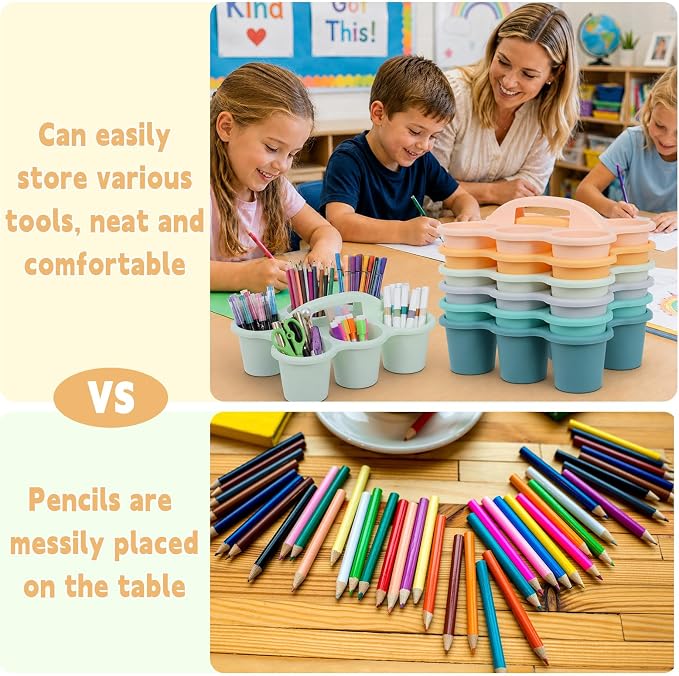 Plastic Caddy with Handle Set of 6 Classroom Caddy Organizer Cup Caddies Water Bottle Storage Crayon Caddies Plastic Cup Holder Drink Carrier for School Home Office Supplies (Boho)
