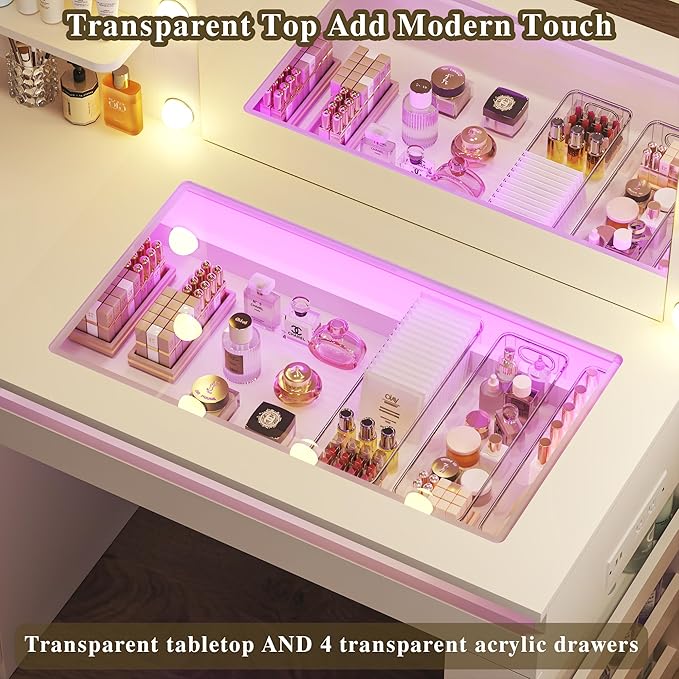 HUAHUU Vanity Desk with Lighted Mirror & Transparent Top, Makeup Vanity Desk with 4 Transparent Drawers and RGB Lighting, Built-in Power Outlet, 3-Tier Side Shelves & Storage Organizer for Bedroom