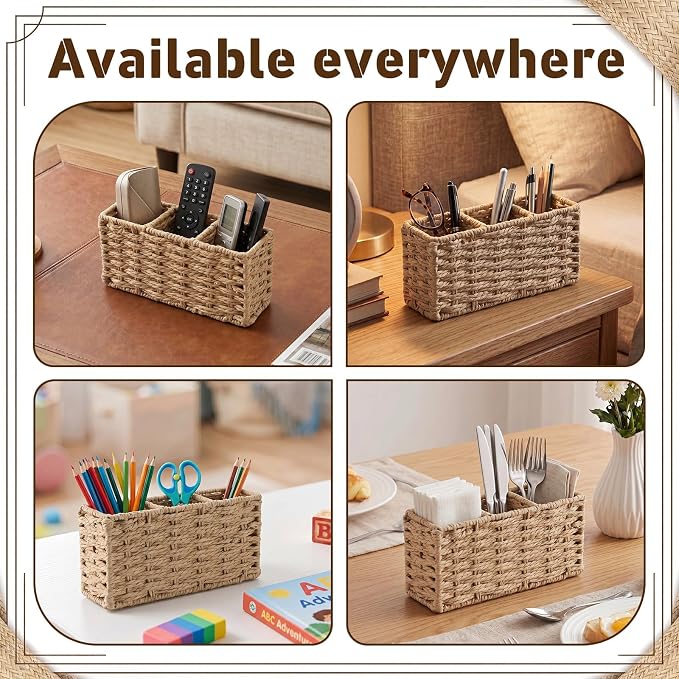Pencil Holder 3 Compartments Rattan Pencil Cup Boho Desk Accessory Back to School Supplies for Office Makeup Brush Organization Shelves Pantry Coffee Station Organizer