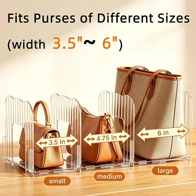 2 Pack Purse Organizer for Closet Clear Acrylic Shelf Dividers for Large Small Bag Pocket Book Clutch, Expandable Handbag Organizer for Display & Storage, 8-Slot Purse Holder Max Length 24''