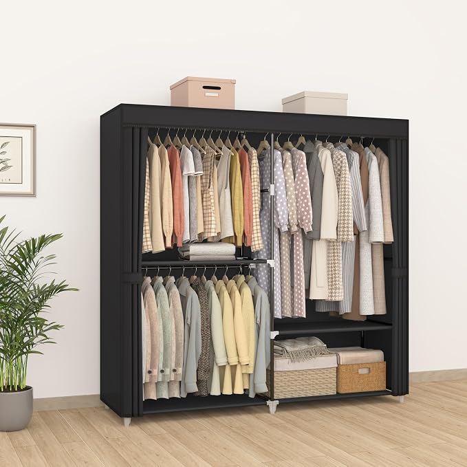 MOGELAFOO 62.5” Portable Closet, Freestanding Wardrobe Clothes Rack with Fabric Cover, 3 Hanging Rods and 4 Storage Shelves for Bedroom, Black
