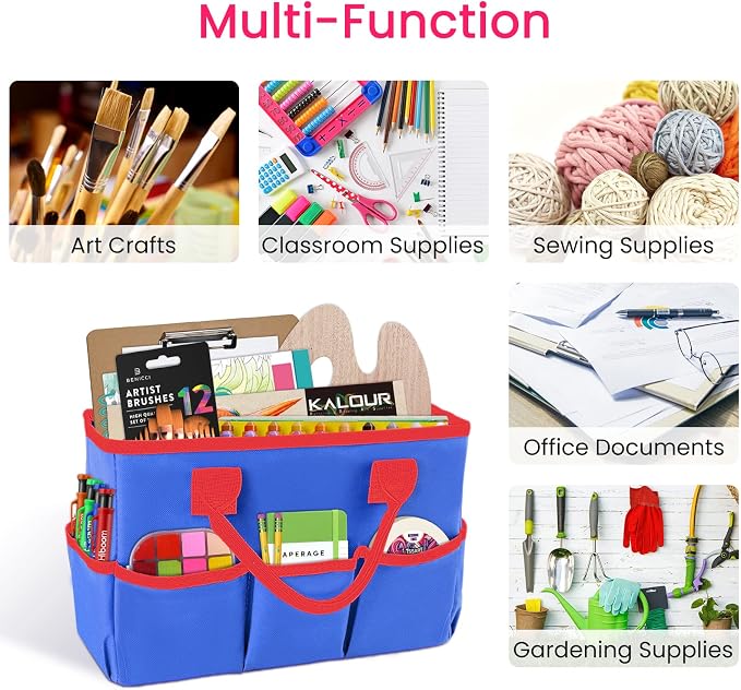 Desktop Tote and Organizer, Teacher Helper Bag for Arts, Books, Stationery, Office Desk, Make-up Storage with Handles for Travel (Blue)