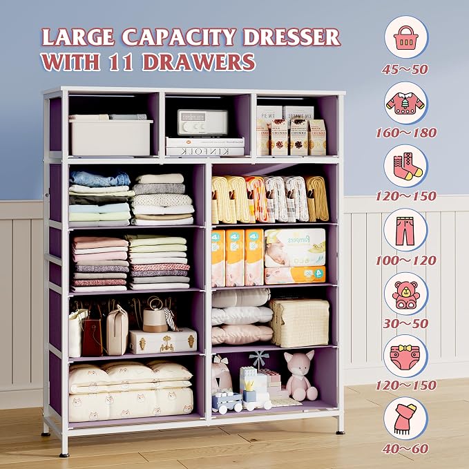 WLIVE Storage Organizer Unit with 11 Fabric Bins, Storage Drawers Organizer with Steel Frame, Tall Storage Tower Organizaton for Living Room, Hallway, Office, Purple