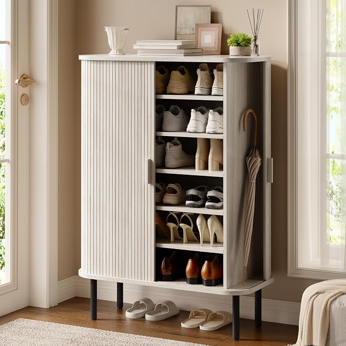 ONBRILL 6-Tier Shoe Cabinet with Sliding Door, Wooden Shoe Storage Cabinet with Adjustable Shelves, Mid-Century Modern Freestanding Shoe Storage Organizer for Entryway, Living Room, Hallway