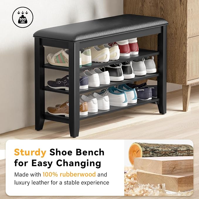 Taitiy Entryway Shoe Storage Bench, Shoe Organizer Bench for Entryway, Ideal for Hallways Front Doors Entrances Mudrooms Featuring Rubberwood and 3 Height-Adjustable & Removable Shelve