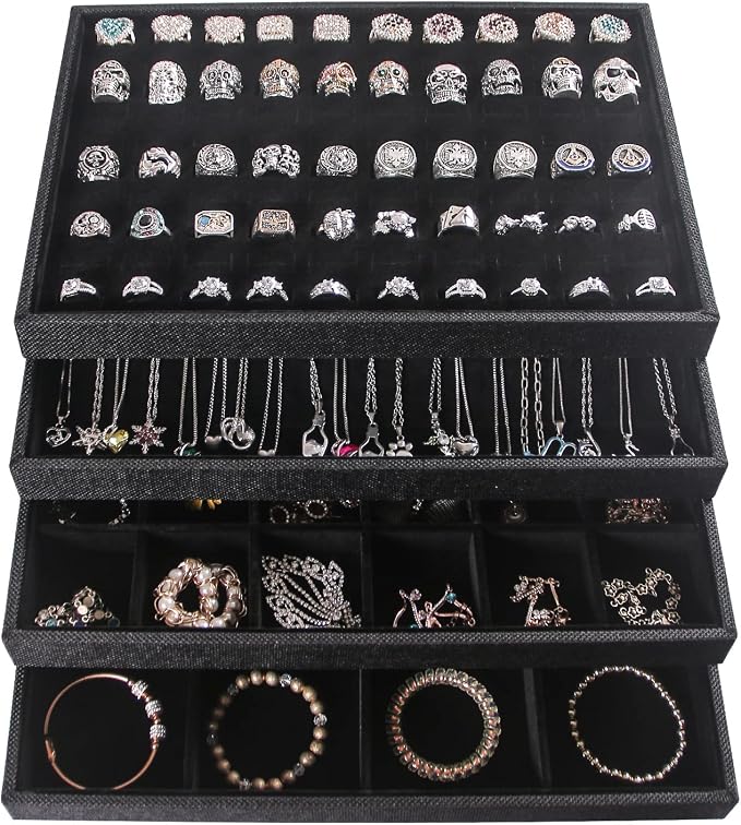 Julysky 4 Pcs/set Stackable Jewelry Organizer Trays for Drawer,100 Slots Ring Tray，Necklace Tray,12 Grid,24 Grid Jewelry Displays for Selling,Black