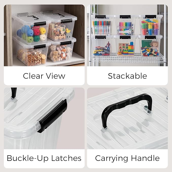 Citylife 7 Qt Clear Plastic Storage Bins with Lids and Handle Small 6 Pack | Stackable See-Through Craft Storage Box Latches Durable Containers Secure Pull Handle Organizing for Home Kitchen pantry