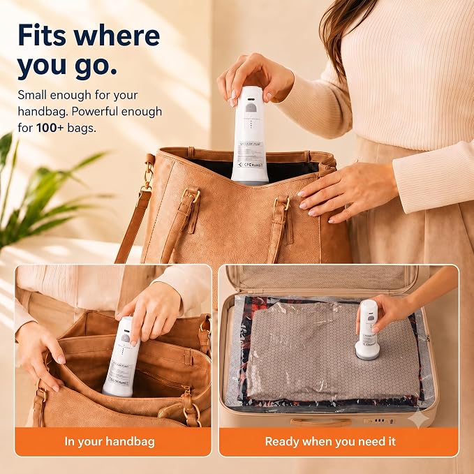 Vacuum Storage Bags for Travel with Rechargeable Pump, 16 Pack Space Saver | Travel Vacuum Bags 4 Sizes for Suitcases and Jumbo Cordless USB-C Rechargeable Pump 75% Space Saver Leakproof Seal