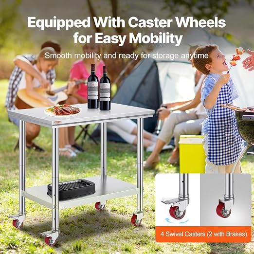 Vevor Mophorn Stainless Steel Work Table 36x24 Inch with 4 Wheels, Casters Heavy Duty Food Prep Worktable for Commercial Kitchen Restaurant, Silver | with 4 Wheels, for Commercial Kitchen Restaurant, Silver