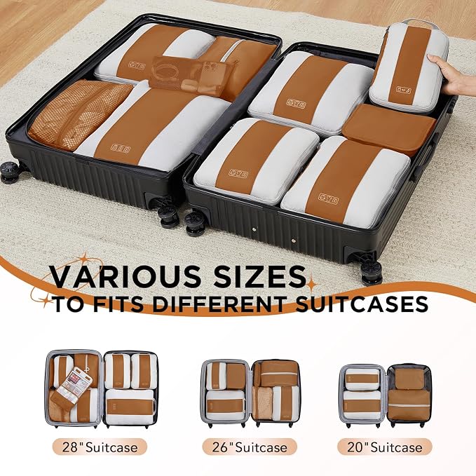 OlarHike 10 Set Compression Packing Cubes for Travel Essentials,Compressible Expandable Space Saver Bags for Organizing Clothes,Luggage Suitcase Garment Bags with Over 1000 pcs Mesh Holes(Brown)