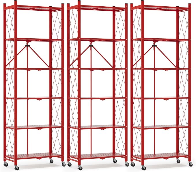 ALANNG 73.6 Inch Folding Bookshelf, 6 Tier Metal Bookcase and Bookshelves | Tall Shelves for Living Room Office Bedroom, Heavy Duty Book Shelve Free Standing Open (Red, 3PACK)