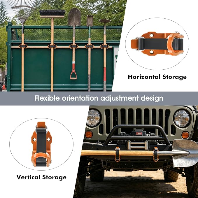 2 Pack Shovel Holder Wall Mount for Truck & Trailer, Adjustable Rubber-Coated Clamp for Shovel, Broom & Rake,Axe (0.6"–1.43"), Tool Holder for Overlanding, Off-Road, Work Truck & Garage,Orange