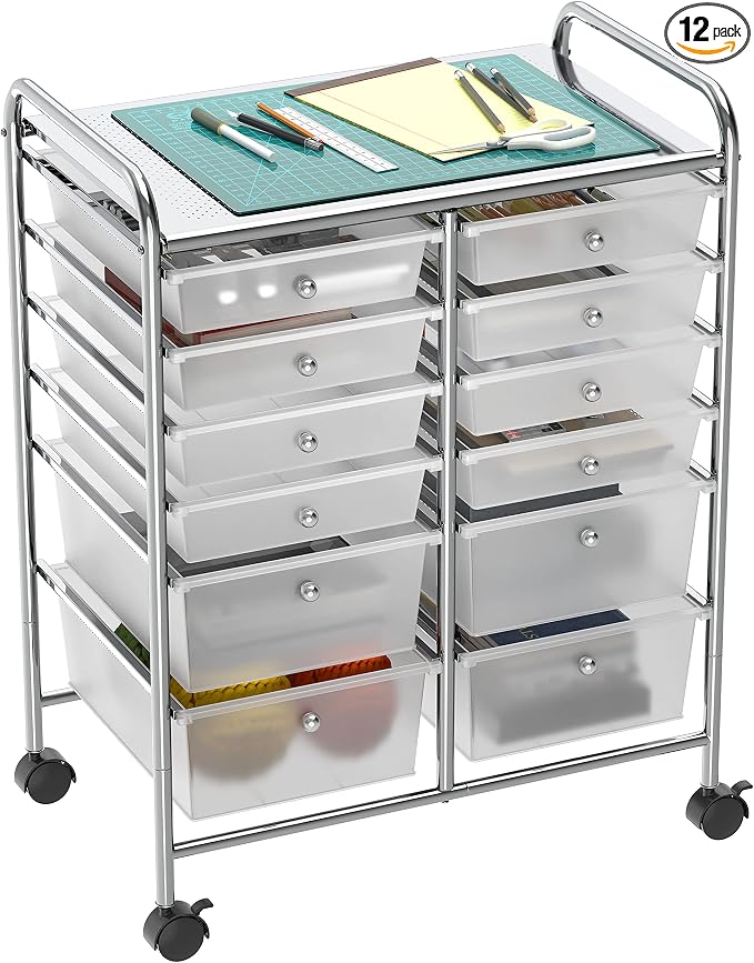 Simple Houseware 12 Drawers Rolling Utility Cart Organizer, Chrome | 2-Column, 32" Height, Lockable Wheels, for School, Office, Art Craft, and Paper Storage