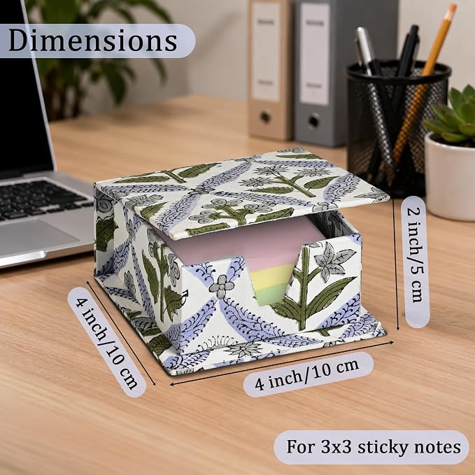 Ridhi Block Print Light Steel Blue Sticky Note Holder Box for Desk, Aesthetic Memo Pad Organizer, Sticky Note Box Decorative Office Accessory, Stationery Gift for Teachers, Students, Professionals