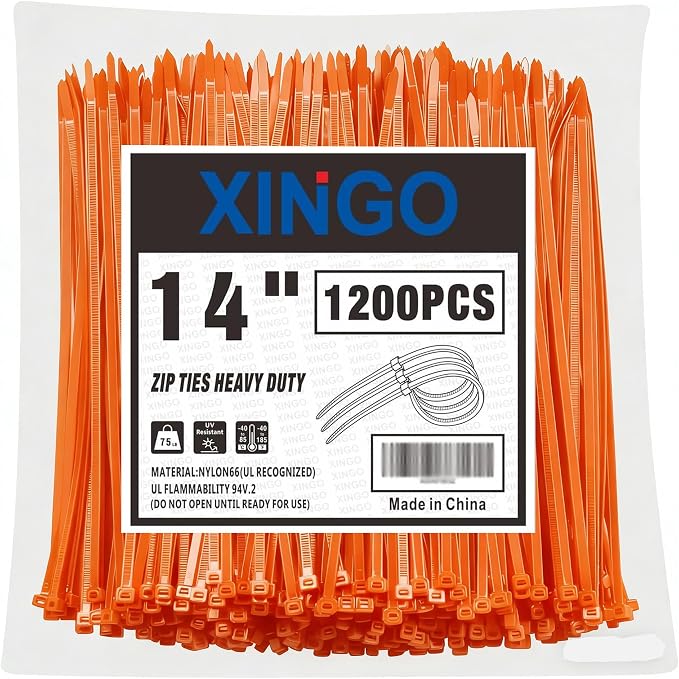 XINGO 14 Inch Orange Zip Ties 1200 PCS, 75 LBS Ultra Strong Tensile Strength, UV Resistant Cable Ties, Self-locking Plastic Ties for Indoor and Outdoor Use