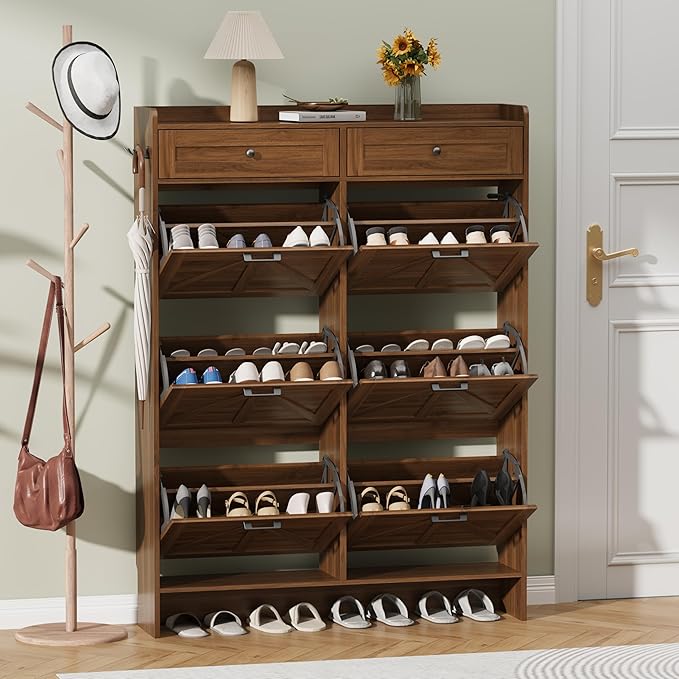Thacuok Shoe Cabinet with 6 Flip Drawers & 2 Storage Drawers, Rustic Farmhouse Narrow Shoe Organizer Cabinet, Slim Shoe Rack Cabinet, Shoe Storage Cabinet for Entryway, Hallway, Front Door