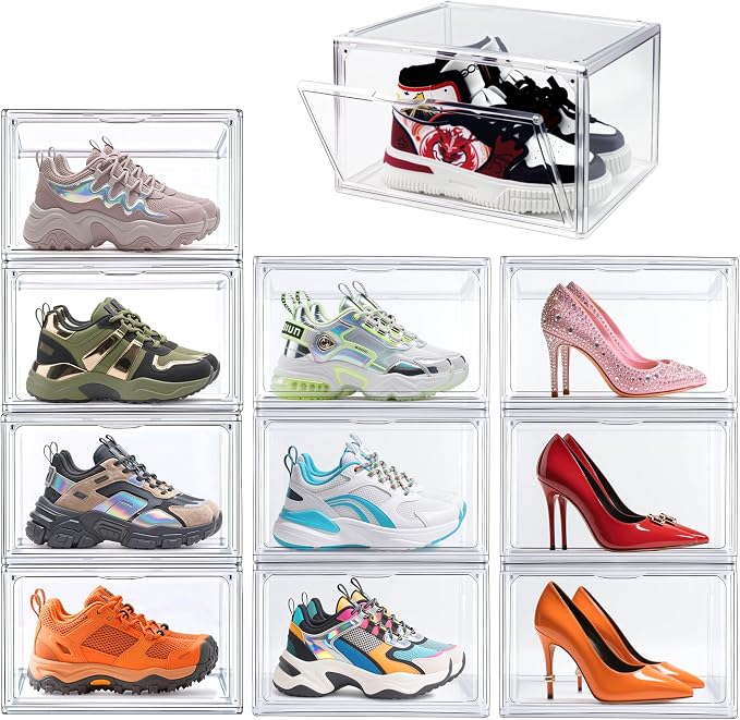 Clear Acrylic Shoe Boxes Stackable, Magnetic Clear Shoe Storage Boxes Fits Men’s US Size 12.5, Acrylic Sneaker Display Organizer, Drop Side Shoe Containers for Entryway & Sneaker, 1 Pack
