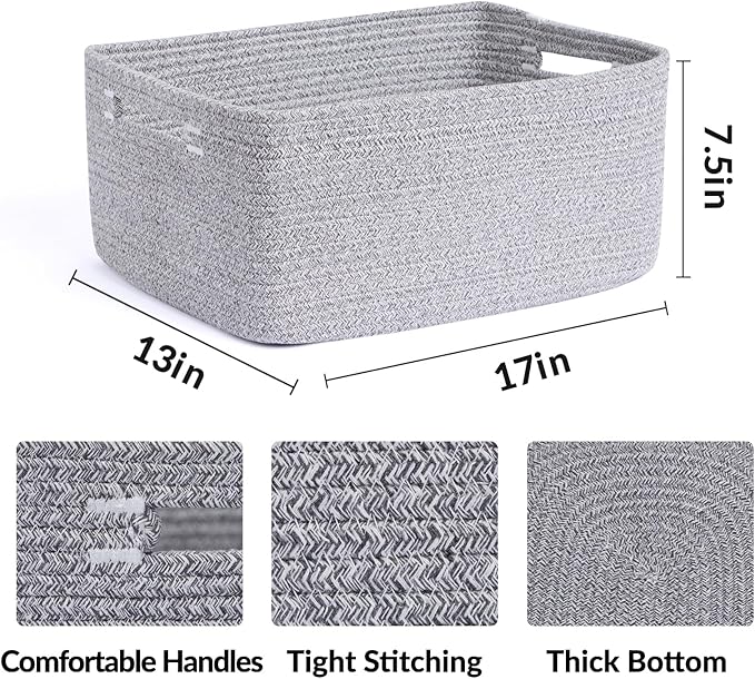 MiniArk Large Storage Baskets for Organizing, 17 x 13 x 7.5” Closet Shelf Baskets for Clothes Blanket Towels, Baby Nursery, Toy Bins Box, Woven Rope Baskets, 4 Packs Mixed Grey
