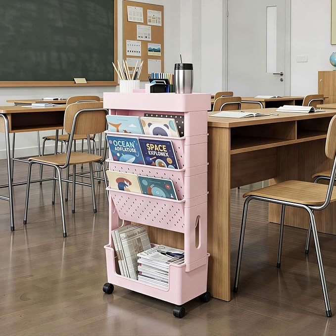 5-Tier Rolling Bookshelf Magazine Rack with Wheels Light Pink | Mobile Bookcase, Book Storage File Folder Organizer Cart for Home Study Office Living Room Classroom
