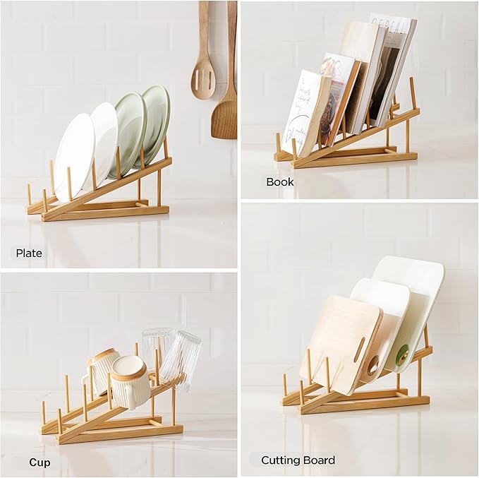 HBlife Step Bamboo Wooden Dish Drying Rack Kitchen Plate Display Stand | Plate/Dish/Book/File/Bowl/Cup/Cutting Board/Pot Lid Organizer, For Home & Kitchen Counter, Office, Display Cabinet