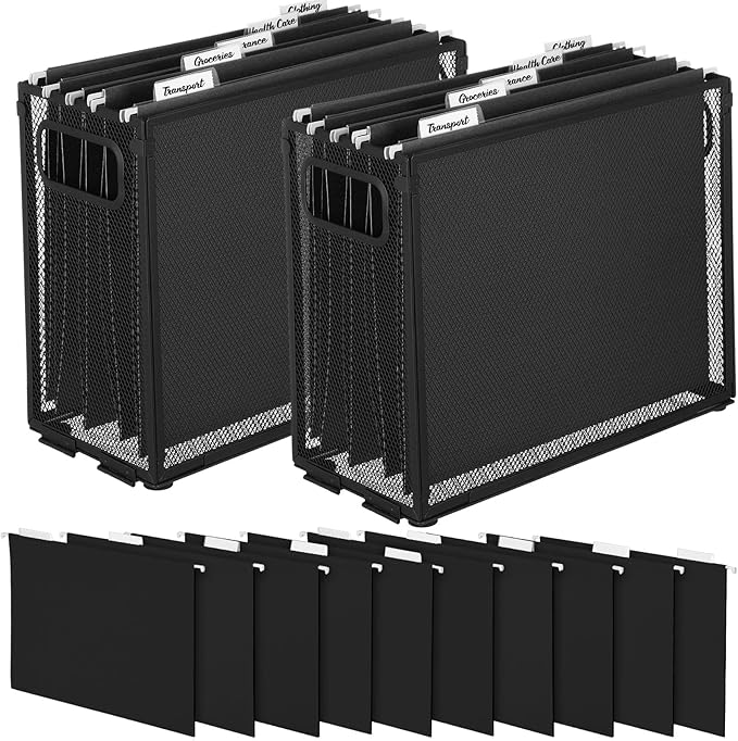 2 Pack Hanging File Holder, 10 Hanging Folders, Metal Mesh, Letter Size Folder Storage, Desktop Storage Cabinets, Office School Document(Black,Small)