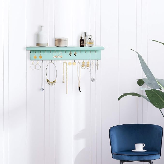 SANY DAYO HOME Jewelry Organizer with 30 Hooks and Cosmetics Shelf, 15 x 3 x 4 inches Wall Mounted Rustic Pine Wood Holder for Necklaces and Bracelets, Suitable for Kids and Adults (Aqua)