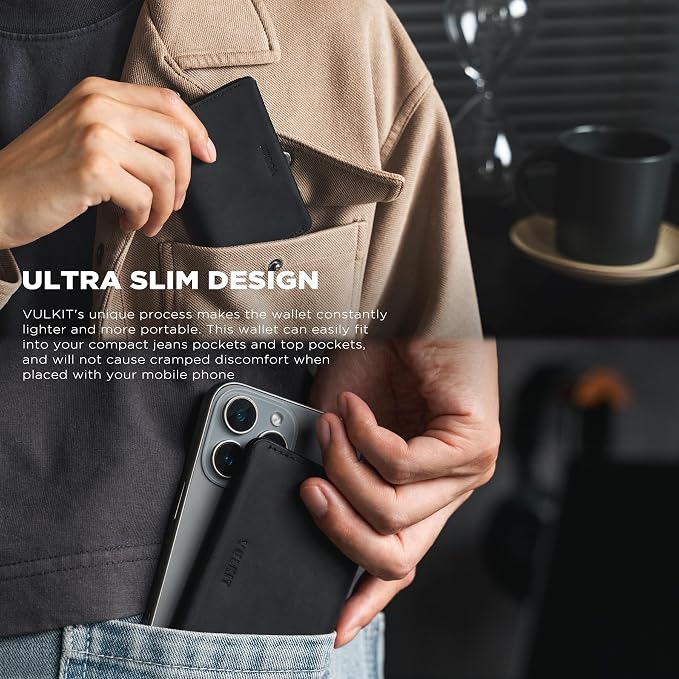 VULKIT Slim Minimalist Card Holder RFID Blocking Leather Credit Card Holder Front Pocket Wallet Magnetic Closure, Handcrafted Cowhide Version