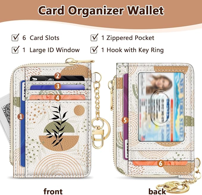 GIANCOMICS Slim Wallet Credit Card Holder Women, Abstract Leaf Rfid Blocking Small Card Case, Keychain Thin Pocket Curved Zipper Wallet, Travel Card Holder PU Leather ID Window, Ladies Female Gifts