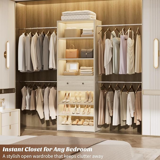 Armocity Wood Closet Organizer System - 4FT-9FT Expandable Wardrobe Closet with Drawer & 4 Hanging Rods, Heavy Duty Walk-in Closet 1000Lbs for Bedroom Walk-in Closet, White Oak