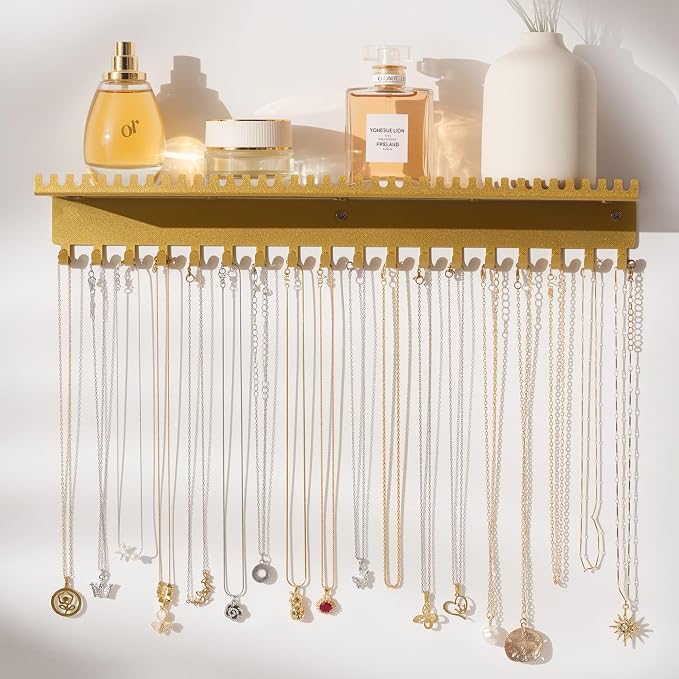 Necklace Holder Wall Hanging Organizer: Wall Mounted Jewelry Shelf with 56 Hooks and Tray, Display Hanger for Kids, Girls and Women, Gold & Metal