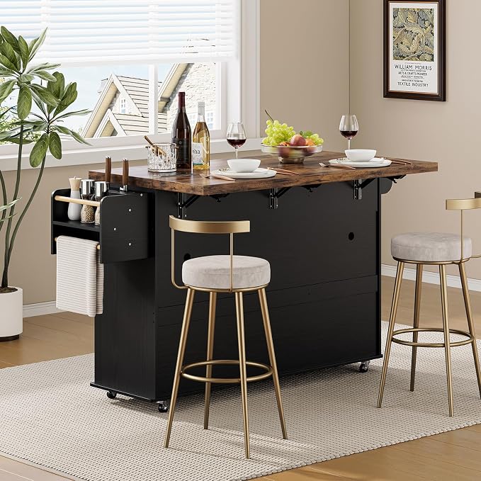 ONBRILL 60" Kitchen Island with Power Outlet & Drop Leaf, Rolling Island with Spice Rack & Towel Rack, Kitchen Island Cart with Trash Storage Cabinet, Island Table for Kitchen, Black+Rustic Brown