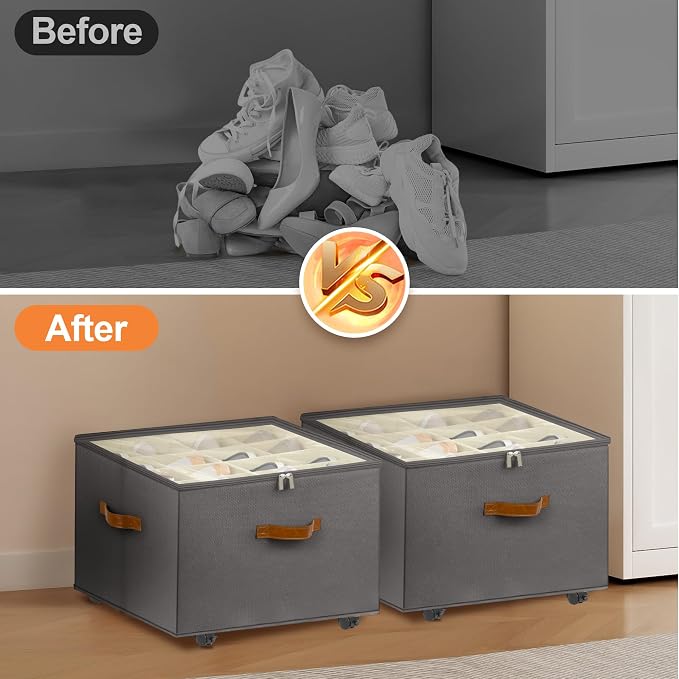 Foyego Shoe Organizer for Closet, 2 Pack Shoe Storage Organizer with Wheels and Adjustable Dividers, Stackable Shoe Storage Box with Clear Cover, Closet Shoe Organizer Fits up to 16-32 Pairs, Gray