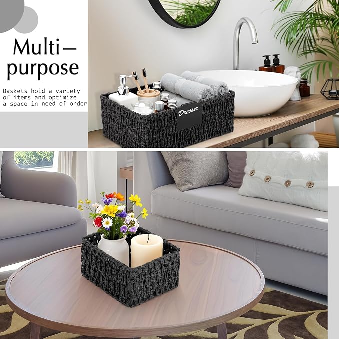 Marsui 6 Pcs Wicker Storage Baskets for Pantry Organization with Labels Handwoven Paper Rope Multi-size Black Wicker Storage Bins for Organizing Small Baskets Container for Shelves Closet Toilet