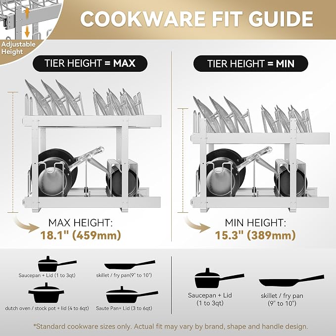 2-Tier Pots and Pans Organizer Under Cabinet Kitchen 21" W *22" D | Pull out Cabinet Organizer for Pots, Pans, and Lid Cookware, Adjustable Heavy Duty Wire Pan and Pot Rack, Full-Extension Rail