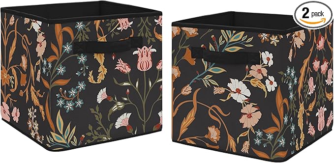 Sweet Jojo Designs Boho Wildflower Vintage Floral Girl Collapsible Fabric Storage Cubes Foldable Bins Organizer Boxes Kids Baby Childrens Toys Set of 2 Black Orange Teal Bohemian Farmhouse Cottagecore