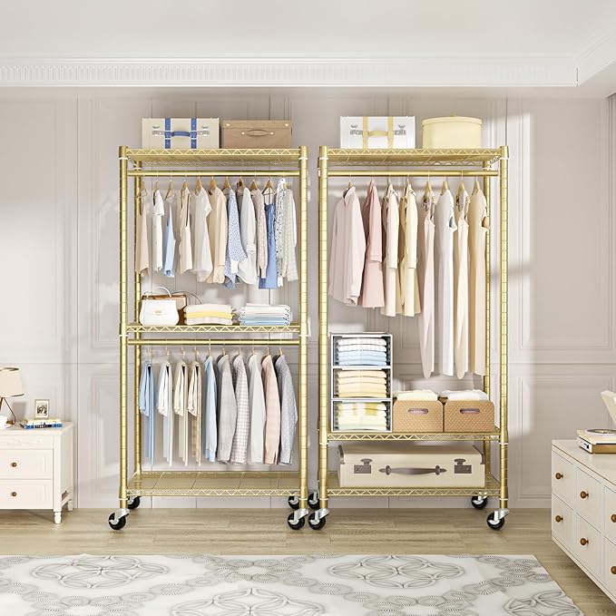 FUTASSI P1 Medium Heavy-Duty Portable Closet, 30" W x 14" D x 76" H, Gold | Metal Rolling Clothing Rack, Closet System with Wheels and Shelves for Hanging Clothes, Portable Wardrobe Organizer Storage