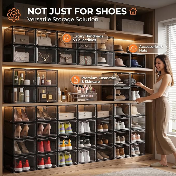 Large Black Shoe Storage Boxes Stackable, 12 Pack Hard Plastic Shoe Storage Organizer with Magnetic Door, Shoe Container Sneaker Storage Display Case Fit up to US Size 12 Black