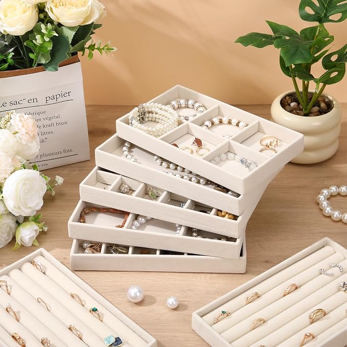 Highergo 8 Pcs Velvet Jewelry Trays Stackable Drawers Organizer Ring Earring Bracelet Necklace Storage Trays, 8.3x4.7x1''(Mixed Style)