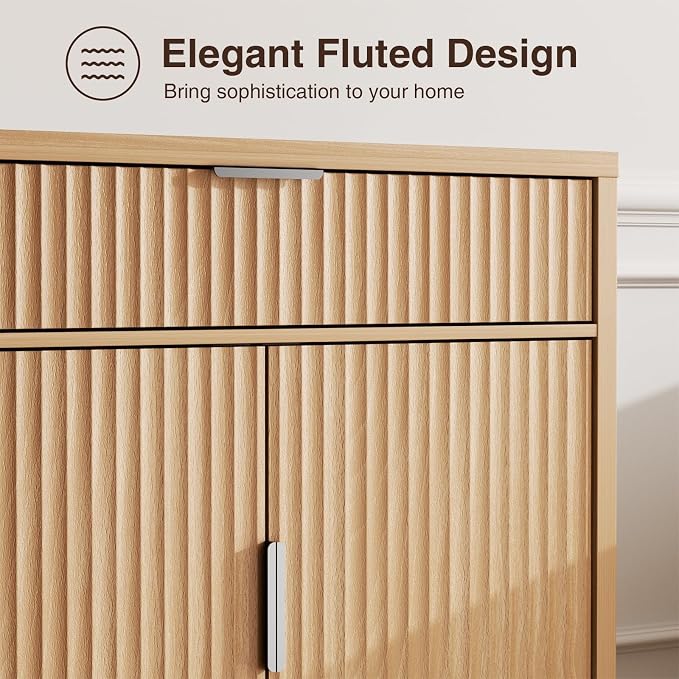 Vabches Fluted Sideboard Buffet Cabinet with Storage, 32" Coffee Bar Console Table with Drawer, Fluted Doors & Adjustable Shelf, Wood Small Buffet Cabinet for Living Room, Kitchen Dining Room, Oak
