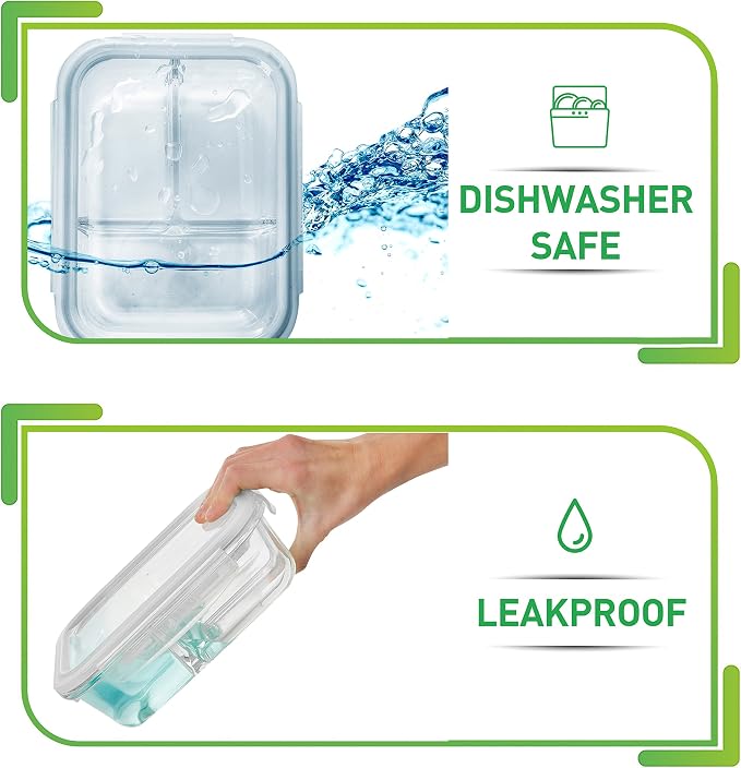 PrepNaturals 5 Pack 34 Oz Glass Meal Prep Containers - Dishwasher Microwave Freezer Oven Safe - Glass Storage Containers with Lids (Multi-Compartment) | Borosilicate Glass Meal Prep Containers - Airtight Leak-Resistant Lids, Microwave, Oven & Freezer S...